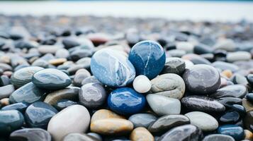 a pile of blue and gray pebbles on a beach generative ai photo