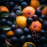 a pile of oranges blueberries and blackberries generative ai photo