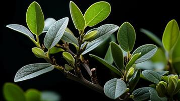 a plant with green leaves on a black background generative ai photo