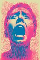 a pink and blue poster with an image of a woman screaming generative ai photo