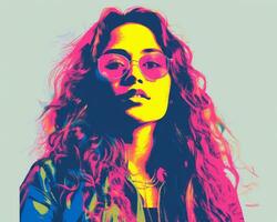 a pop art portrait of a woman with long hair and glasses generative ai photo