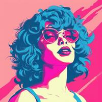 un popular Arte estilo ilustración de un mujer con azul pelo y Gafas de sol generativo ai foto