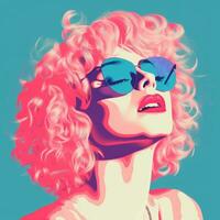 a pop art style portrait of a woman with pink hair and blue sunglasses generative ai photo