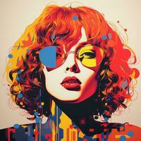 a pop art style portrait of a woman with red hair and sunglasses generative ai photo