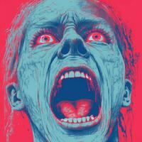 a poster of a woman with her mouth open in front of a red and blue background generative ai photo