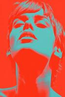 a red and blue photo of a woman with short hair generative ai