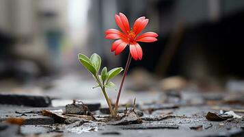 un rojo flor creciente fuera de un grieta en el pavimento generativo ai foto