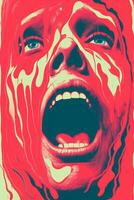 a red and pink poster with a womans face covered in blood generative ai photo