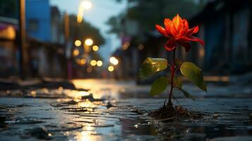 un rojo flor creciente fuera de el suelo en el medio de un mojado calle generativo ai foto