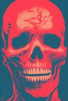 a red and pink skull on a blue background generative ai photo