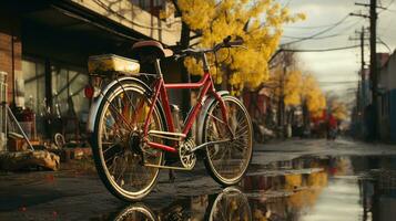 un rojo bicicleta es estacionado en el lado de un mojado calle generativo ai foto