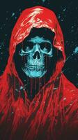 a red hooded skull with blood dripping down his face generative ai photo