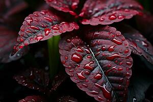 un rojo hoja con agua gotas en eso generativo ai foto