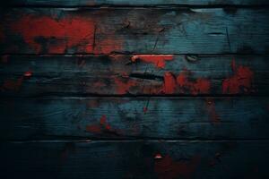 a red paint splattered on a wooden wall generative ai photo