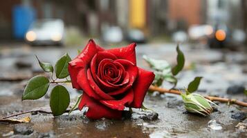 un rojo Rosa tendido en el suelo en el lluvia generativo ai foto