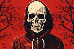 a red skull with a hoodie on a red background generative ai photo