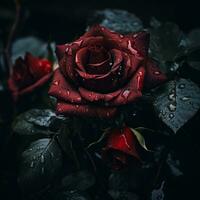 un rojo Rosa con agua gotas en eso generativo ai foto