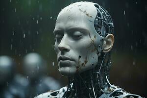 a robot is standing in the rain with its head turned to the side generative ai photo