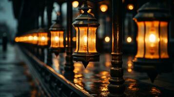 a row of lanterns on a bridge in the rain generative ai photo