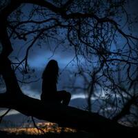 a silhouette of a person sitting on a tree branch at dusk generative ai photo