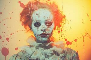 a scary clown with blood splatters on her face generative ai photo