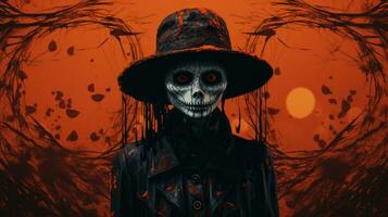 a scary skeleton wearing a hat and a black coat generative ai photo