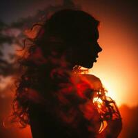 a silhouette of a woman with long hair in the sunset generative ai photo