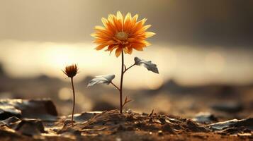 un soltero naranja flor es creciente fuera de el suelo generativo ai foto