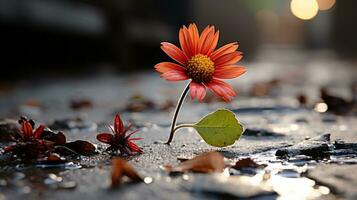 a single orange flower sits on the ground in the rain generative ai photo