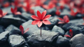 a single red flower growing out of a pile of rocks generative ai photo
