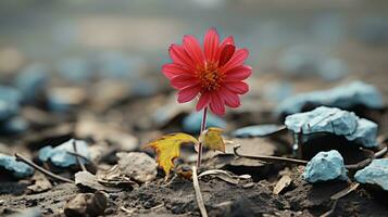 a single red flower is standing in the middle of a field generative ai photo