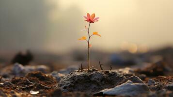 a single red flower is growing out of the ground generative ai photo