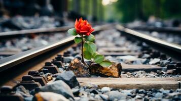 a single red rose growing on the side of a railroad track generative ai photo