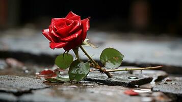 un soltero rojo Rosa sentado en el suelo en el lluvia generativo ai foto