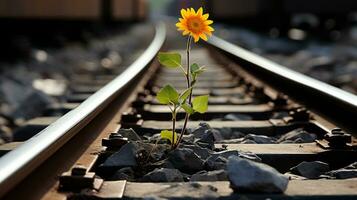 a single sunflower is growing out of the ground on a train track generative ai photo
