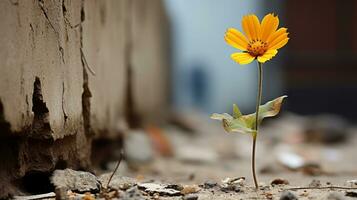 a single yellow flower growing out of the ground in front of a wall generative ai photo