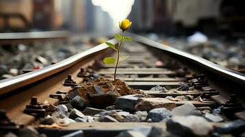 a single yellow flower growing on the side of a train track generative ai photo