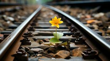 a single yellow flower is growing on the side of a train track generative ai photo