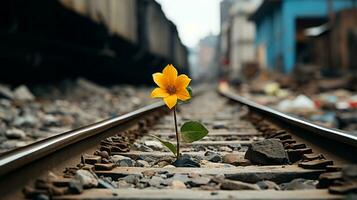 a single yellow flower is growing on the side of a train track generative ai photo