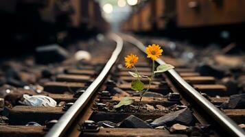 a single yellow flower is growing out of the ground on a railroad track generative ai photo