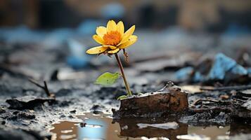 a single yellow flower is standing in a puddle of mud generative ai photo