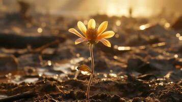 un soltero amarillo flor soportes fuera en el barro generativo ai foto