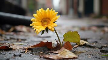 a single yellow sunflower growing out of the ground on a wet street generative ai photo