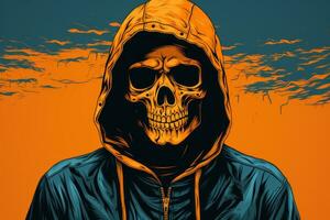 a skull in a hoodie on an orange background generative ai photo