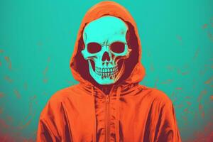 a skull in a hoodie on a blue background generative ai photo