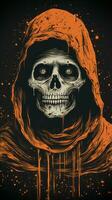 a skull in a hooded robe with orange paint on it generative ai photo