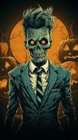 a skeleton in a suit and tie standing in front of pumpkins generative ai photo