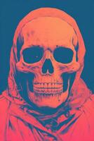 a skull in a hoodie with a red and blue background generative ai photo