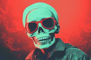 un cráneo vistiendo Gafas de sol en un rojo antecedentes generativo ai foto