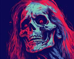 a skull with long hair and red eyes on a blue background generative ai photo